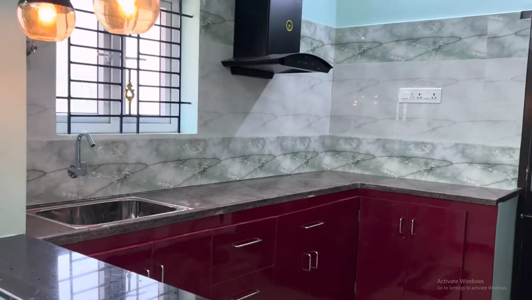 Bold Maroon Red & Grey Modular Kitchen Design in Trichy – 2025 Trend