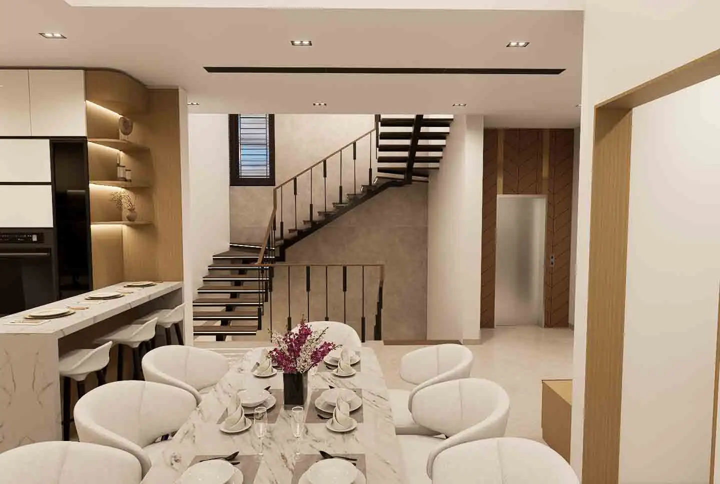 Modern Open Dining Area with Marble Table & Staircase View – Elegant Interiors in Trichy