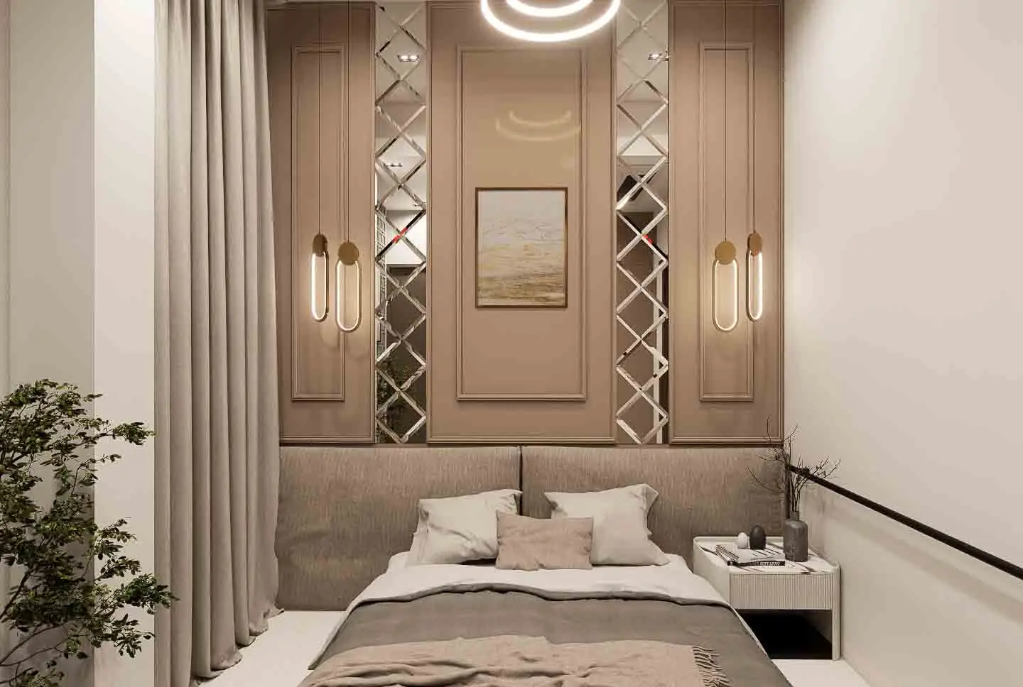 Elegant Bedroom Design with Mirrored Feature Wall & Soft Neutral Tones – Modern Interiors in Trichy