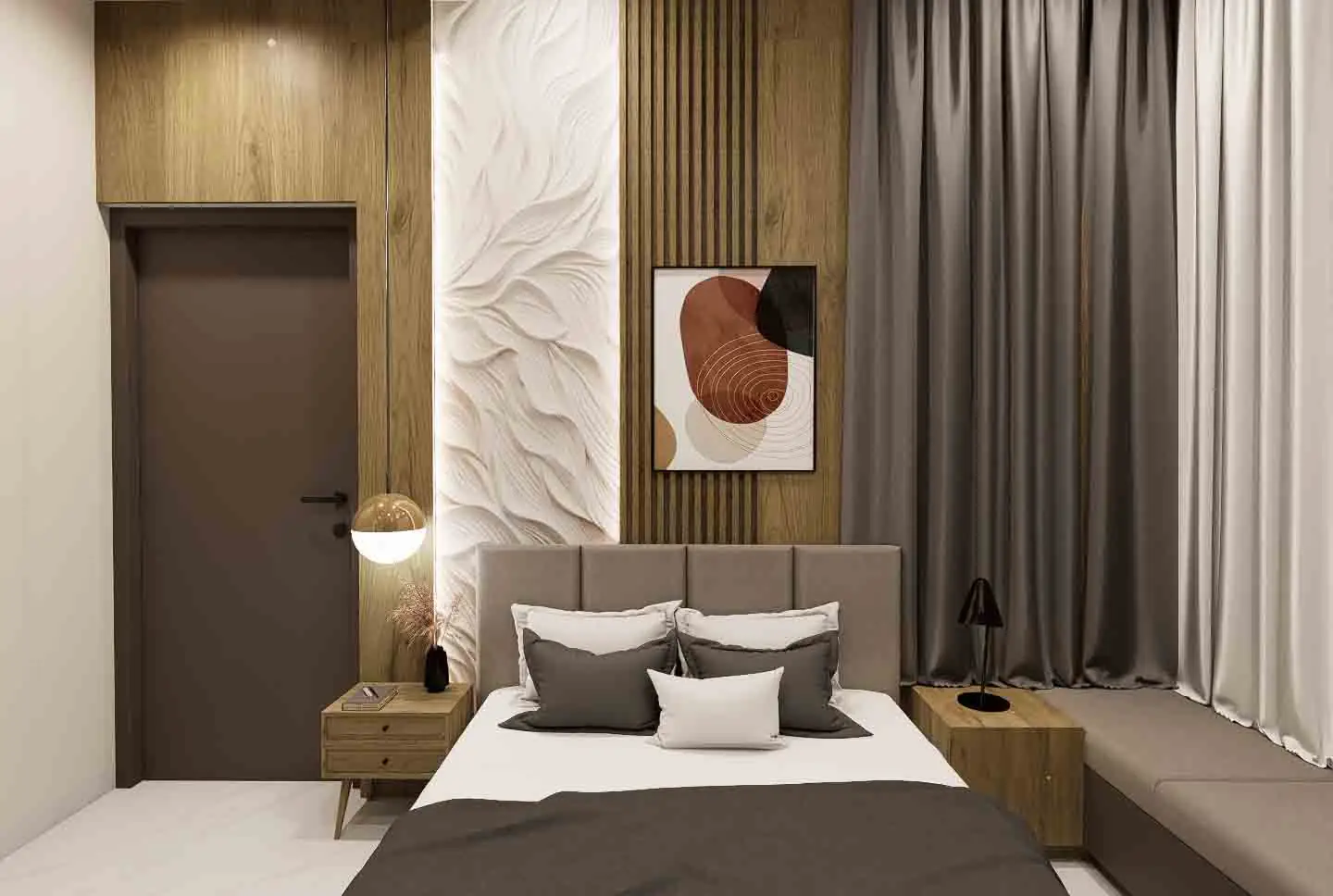 Modern Bedroom Design with Textured Feature Wall & Warm Wood Accents – Stylish Interiors in Trichy