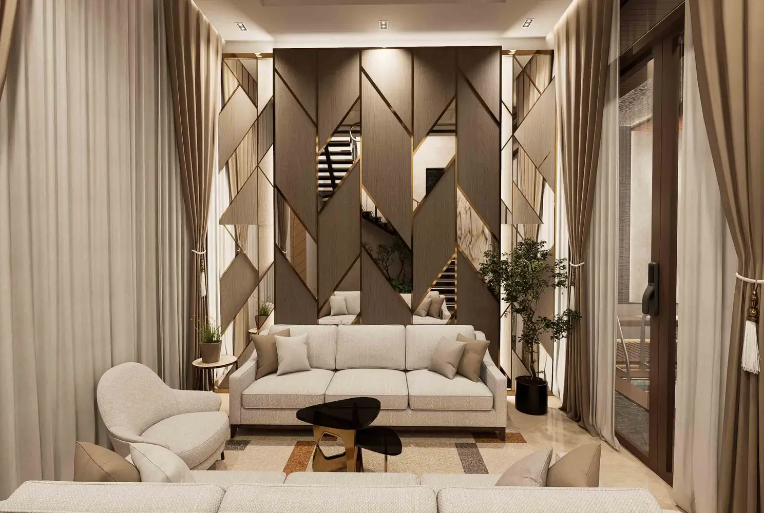 Luxury Living Hall Design with Geometric Mirror Wall – Elegant Interiors for Homes in Trichy