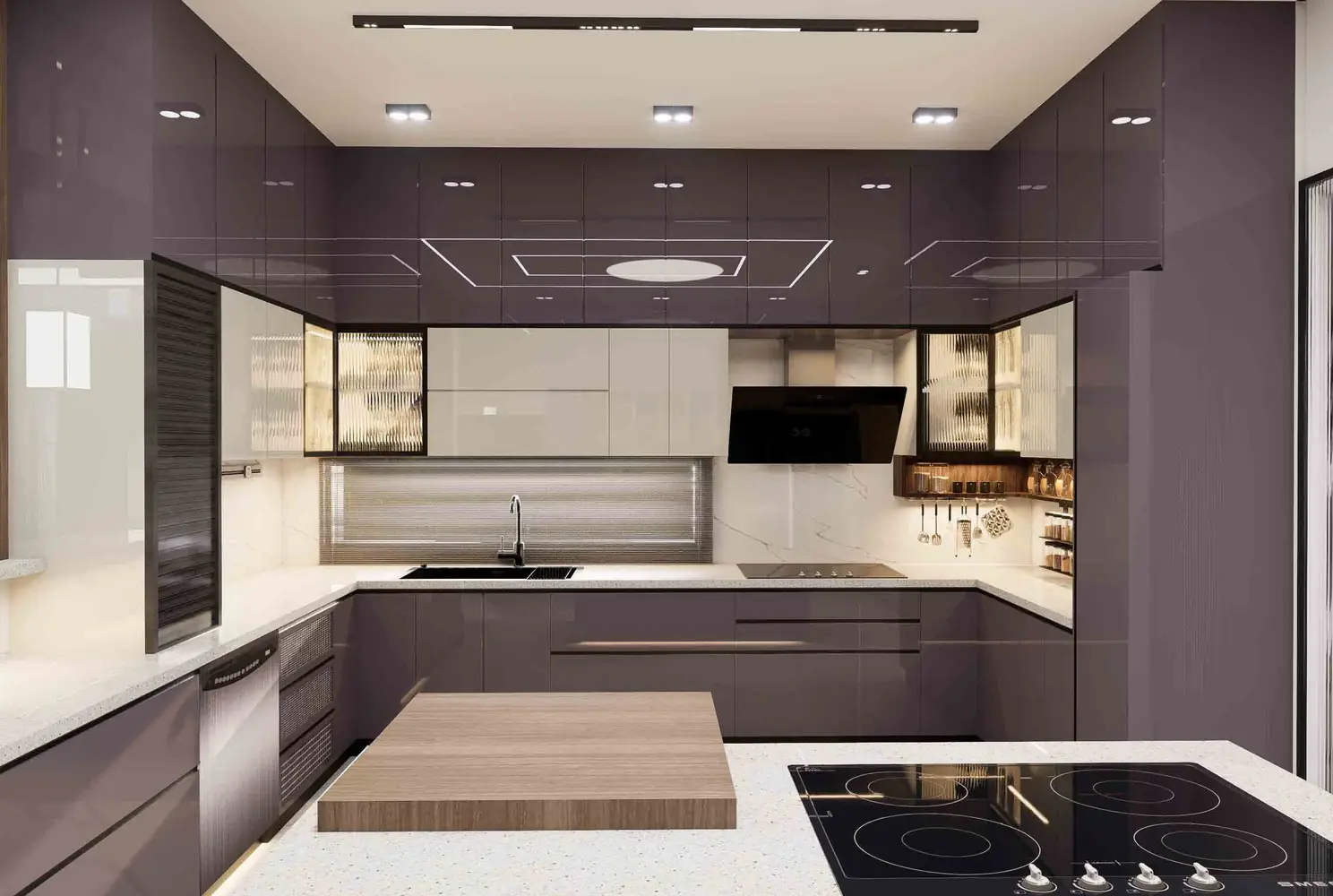 Luxury Modular Kitchen with Mauve Cabinets & Island – Premium Kitchen Design in Trichy