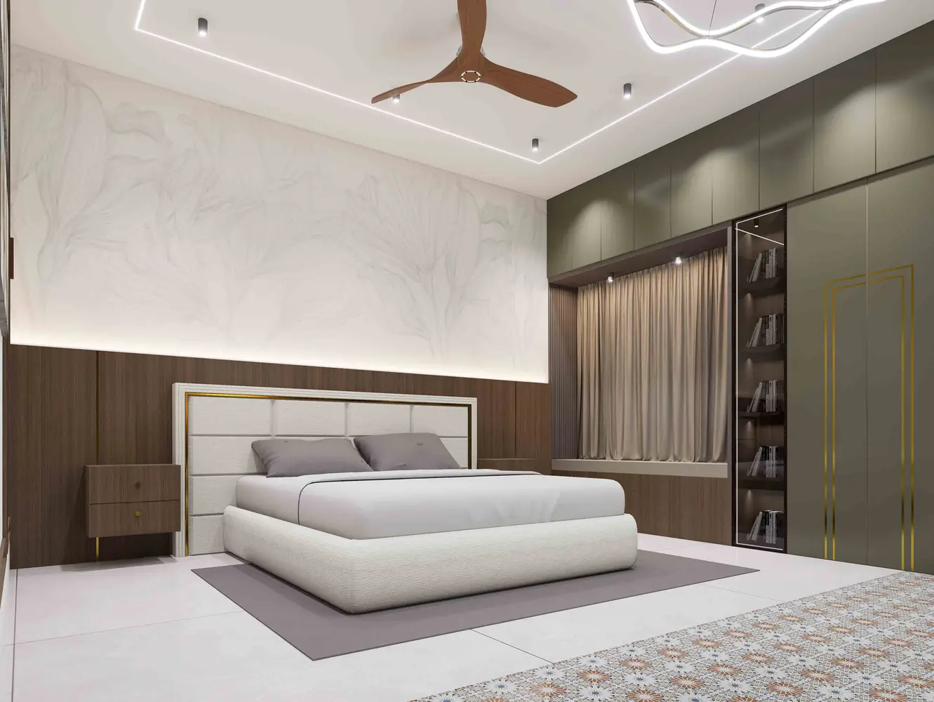 Modern Bedroom Design with Floral Wallpaper & Olive Green Wardrobe – Elegant Interior Ideas for Homes in Trichy