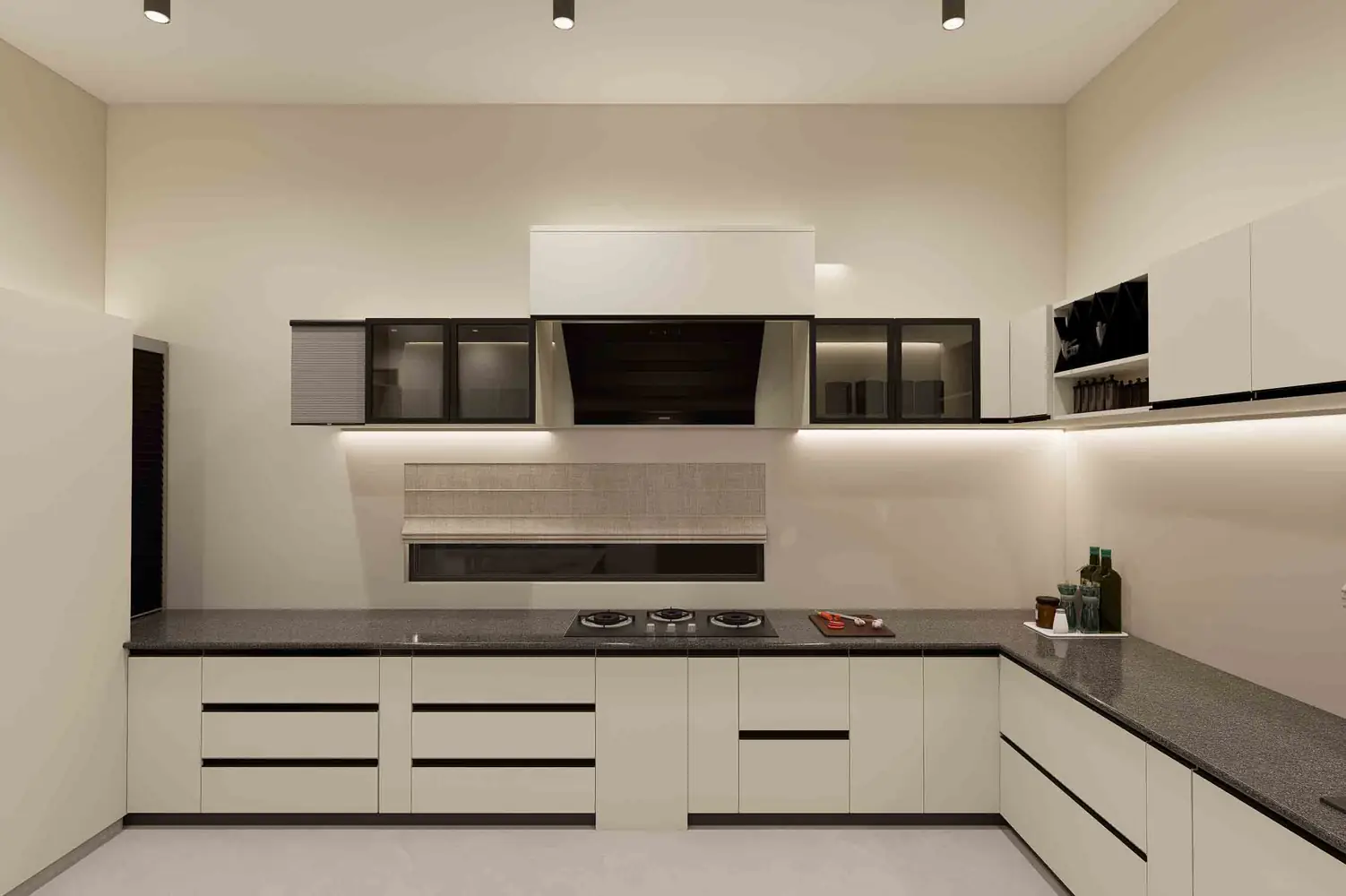Elegant White Modular Kitchen Design with Black Granite Countertop