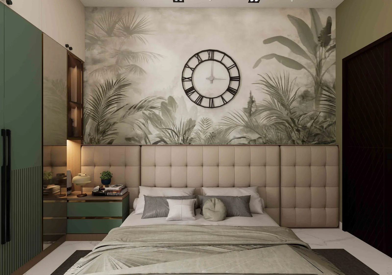 Modern Tropical Bedroom with Tufted Headboard & Green Wardrobe