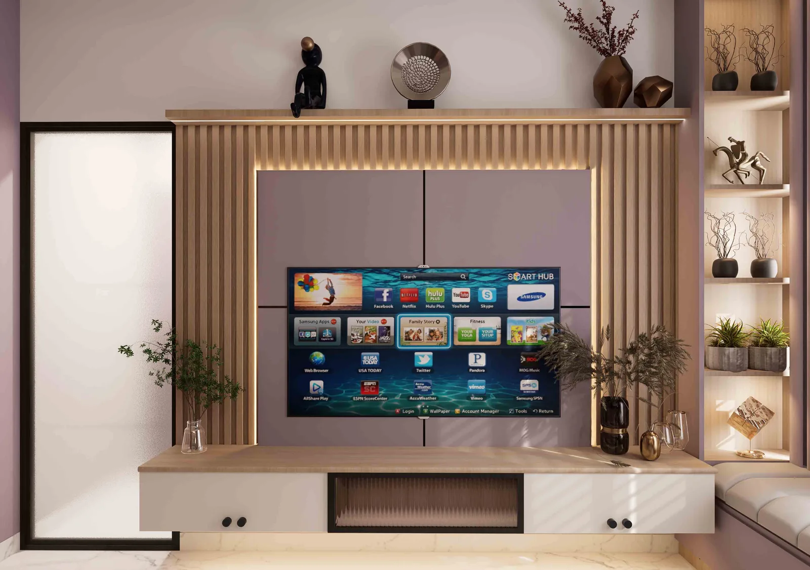 Modern TV Unit with Fluted Wood Panel & Soft Mauve Accents