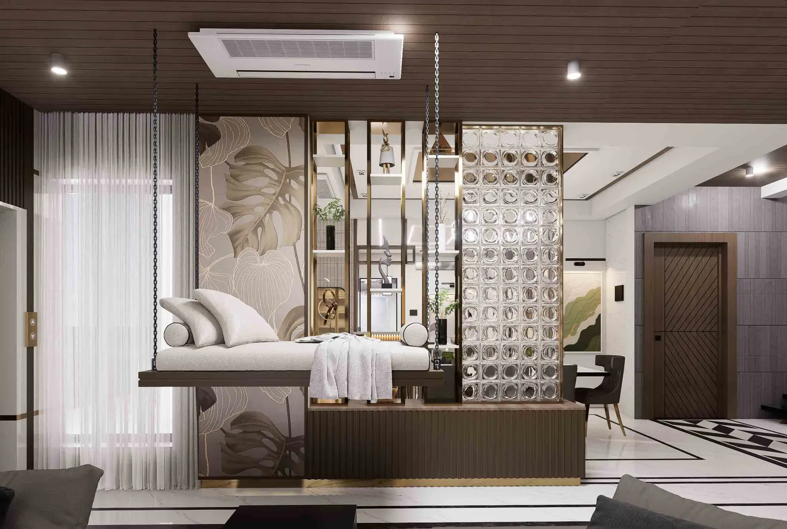 Hall & Dining Partition Design in Trichy | Luxury Living Room Interiors