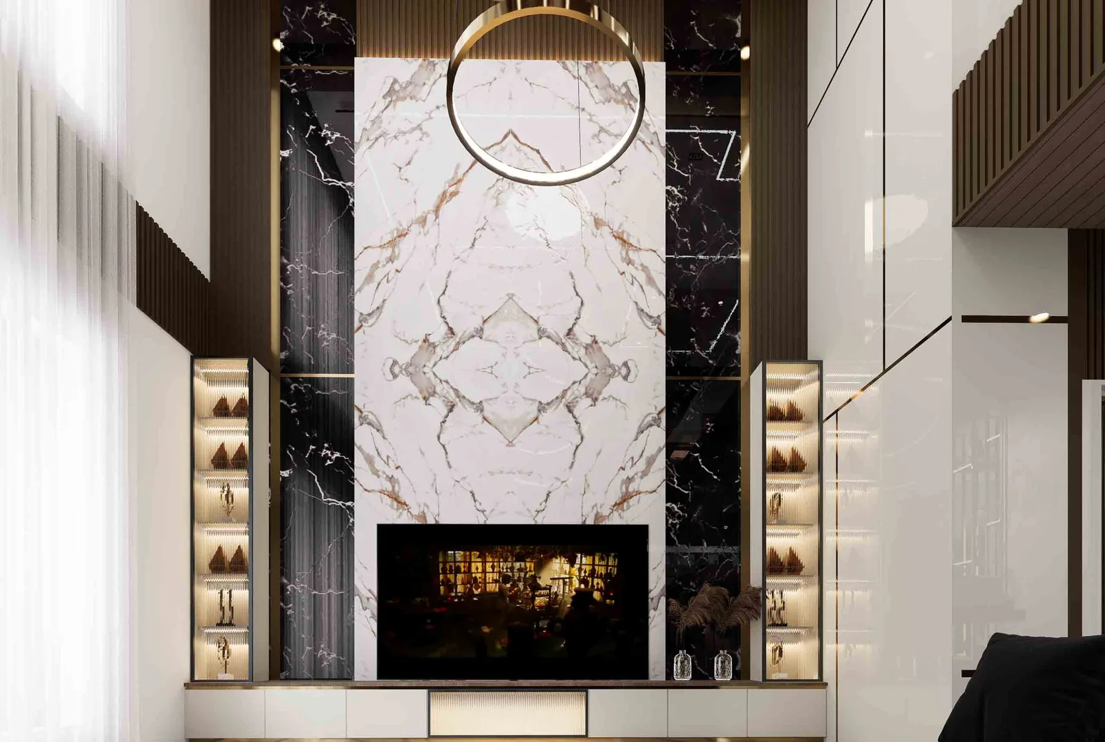 Luxury Double-Height TV Unit with Book-Matched Marble & Gold Accents
