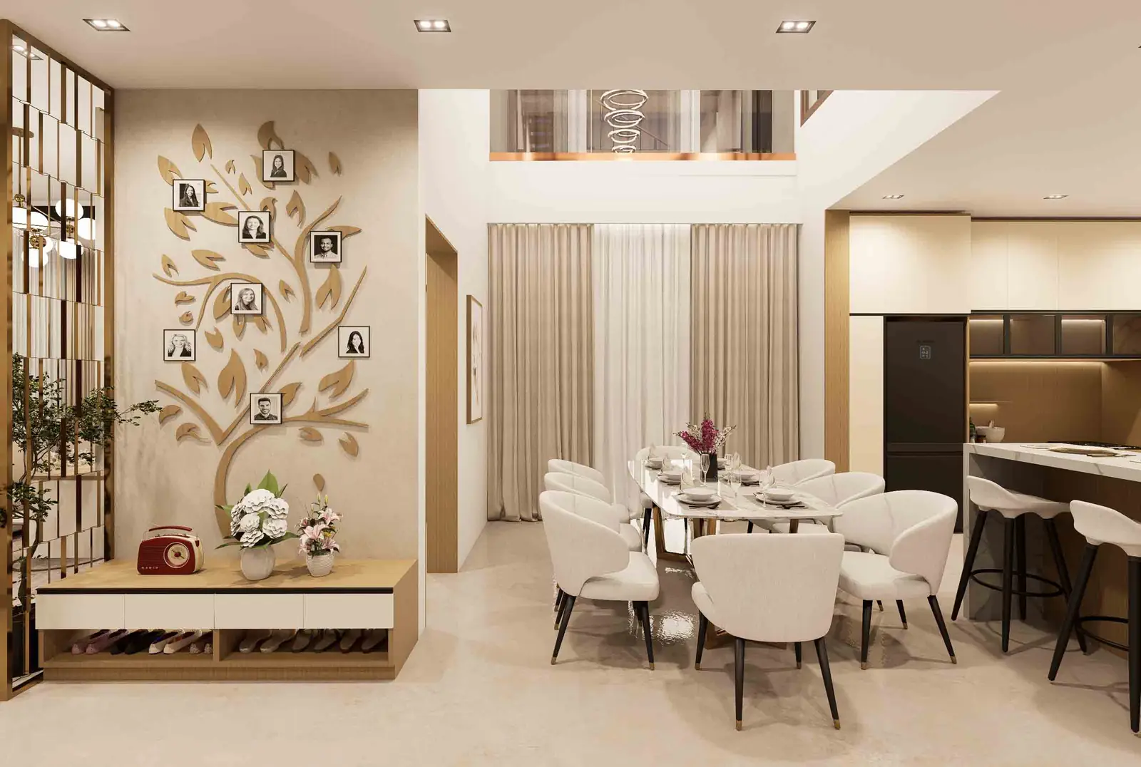 Modern 2 BHK Dining & Kitchen Interior Design with Elegant Family Wall
