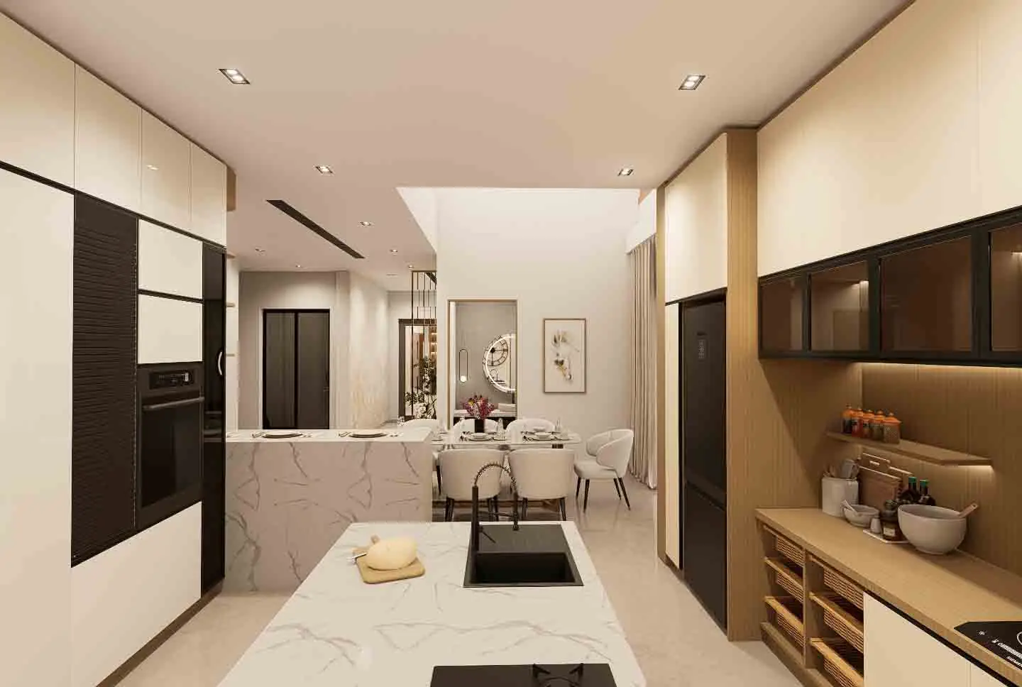 Modern Open-Plan Kitchen with Marble Island & Wood Accents