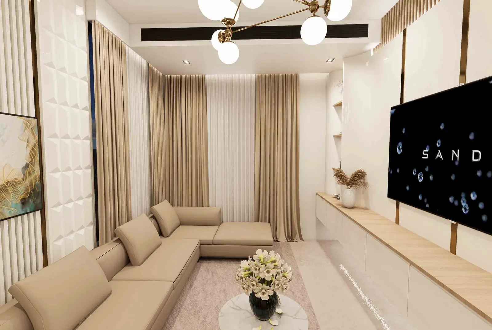 Modern Living Room for 2 BHK with Beige Sofa & Elegant TV Unit