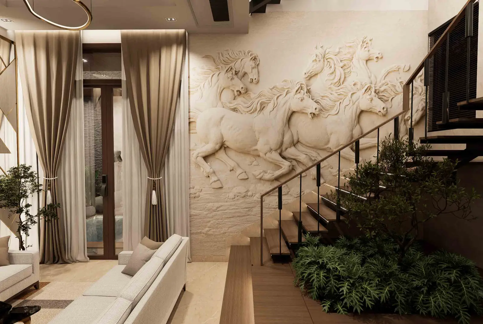 Luxury Double-Height Living Room for 3 BHK with Statement TV Wall