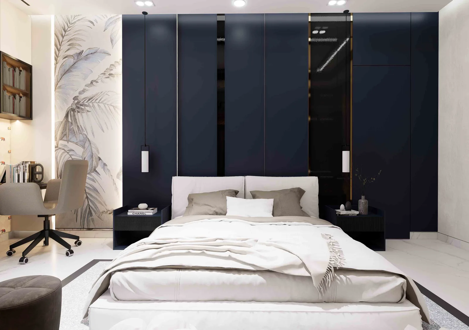 Modern Kids Bedroom with Navy Blue Wardrobe & Tropical Wallpaper