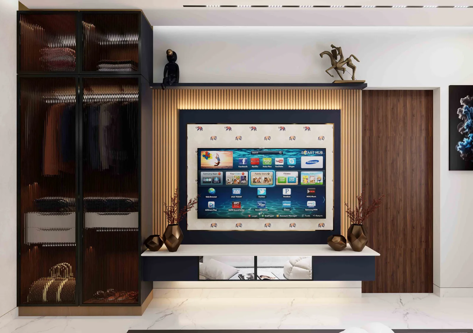 TV Unit with Fluted Wood Panel & Display Cabinet