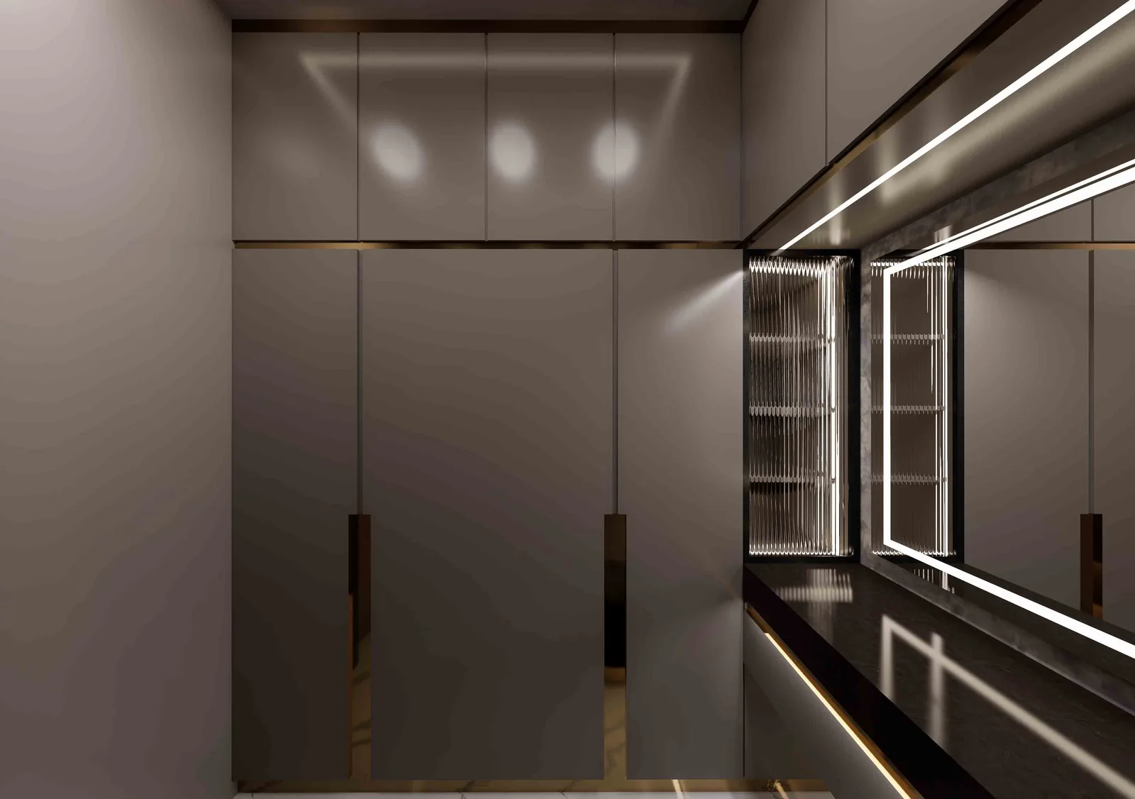 Modern Dressing Unit with Backlit Mirror & Fluted Glass Panel