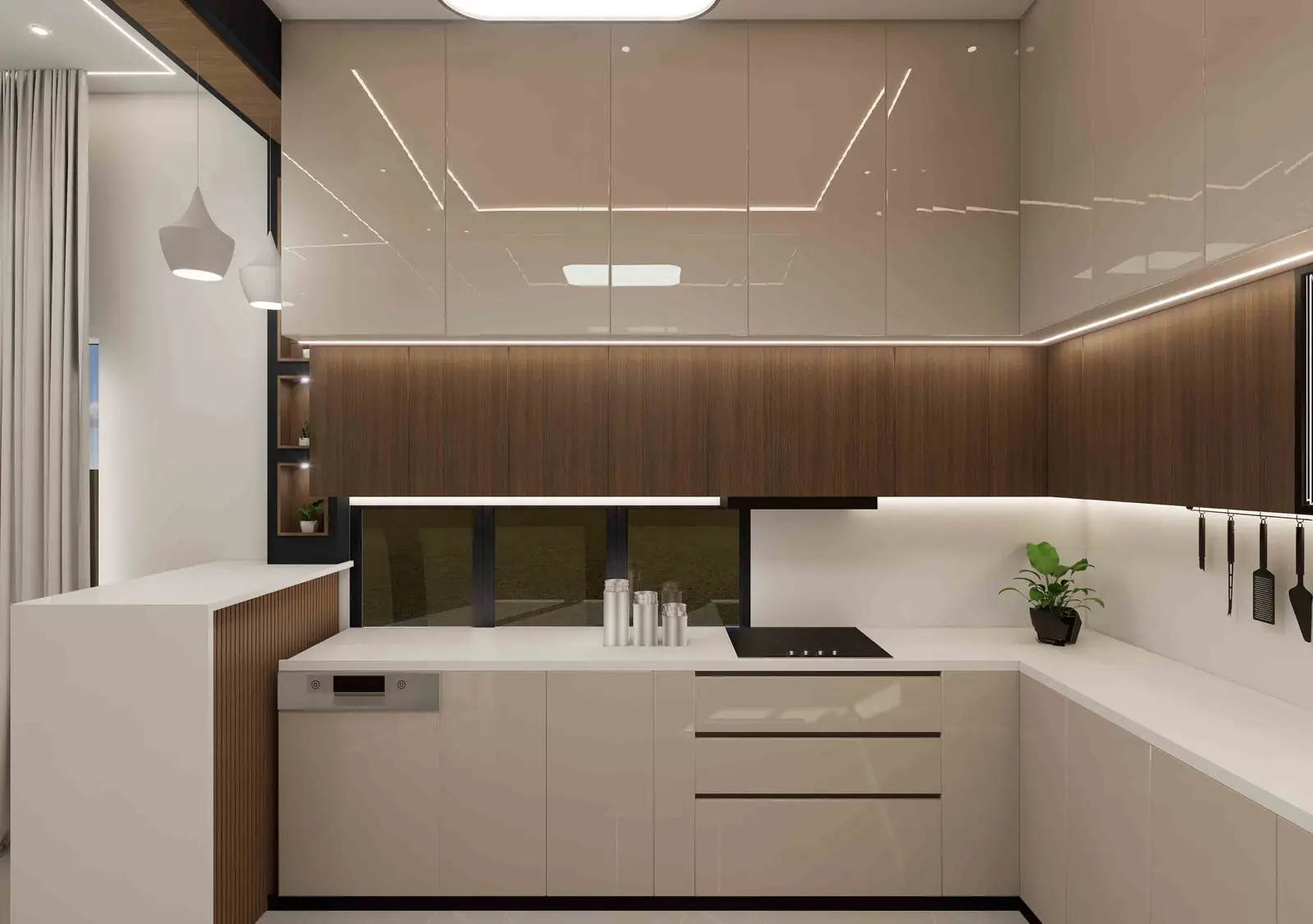 Modern Modular Kitchen with Glossy Beige Cabinets