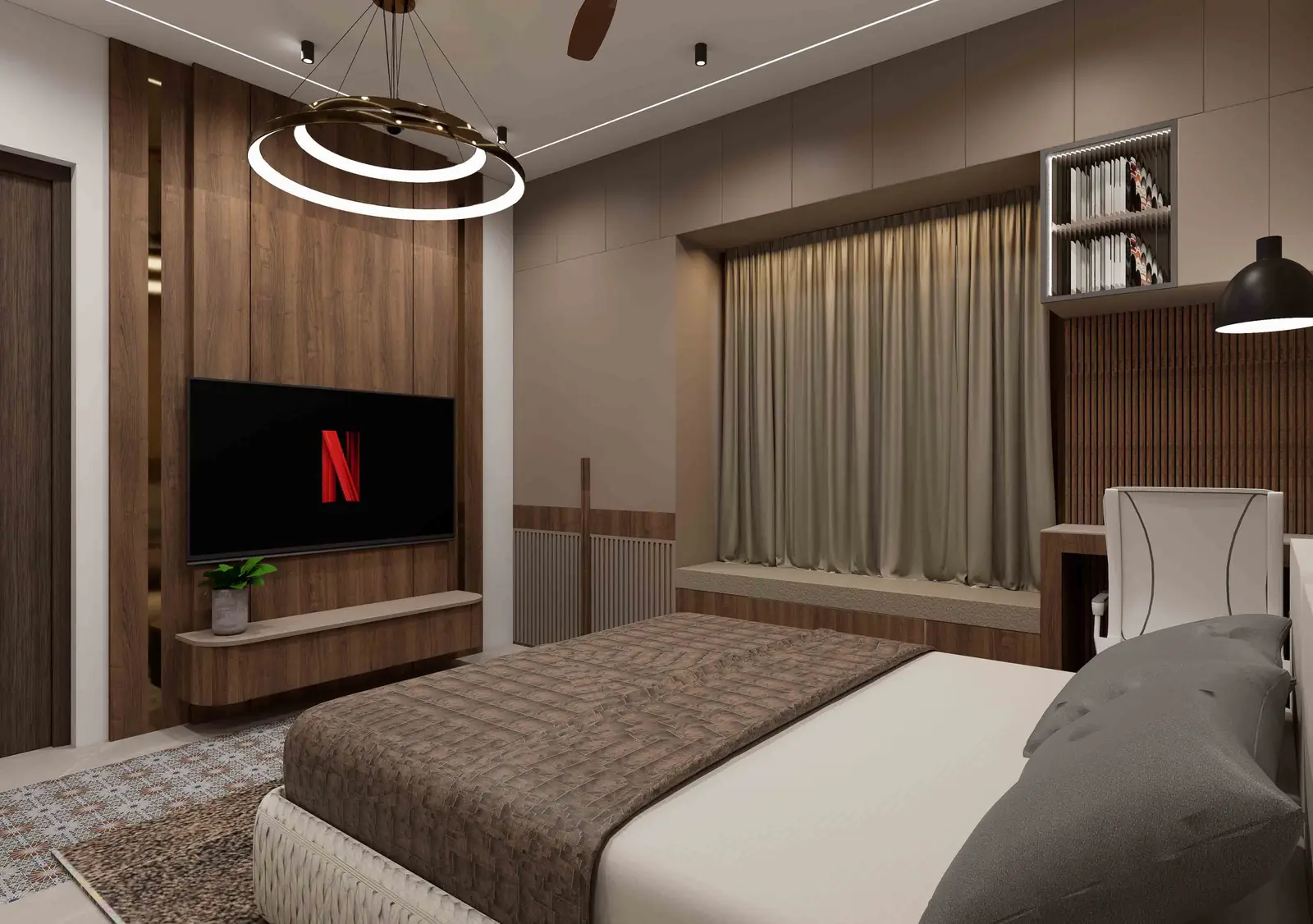 Modern Luxury Bedroom with Textured Wall Panels & Warm Ambient Lighting