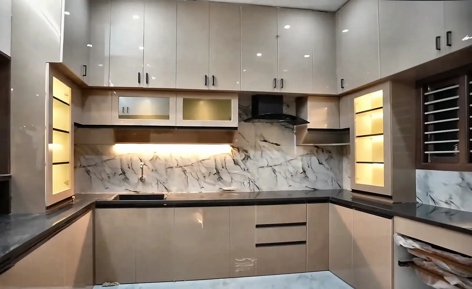 Modern Modular Kitchen with Sage Green Cabinets & Wood Accents