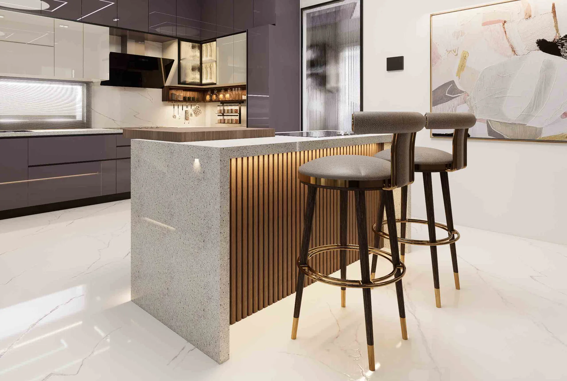 Modern Luxury Kitchen with Island & Mauve Cabinetry Slug