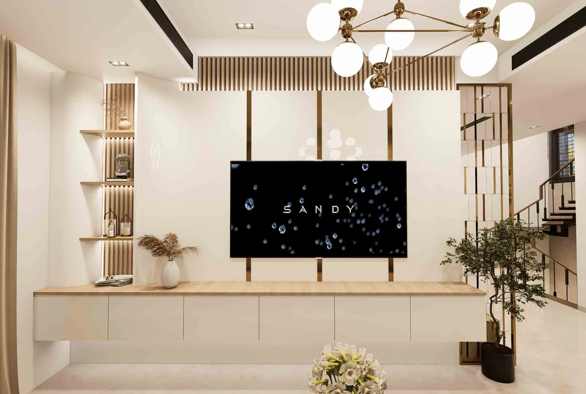 Modern living room with beige L-shaped sofa, floating TV unit, and geometric wall panel – 2 BHK living room interior design in Trichy