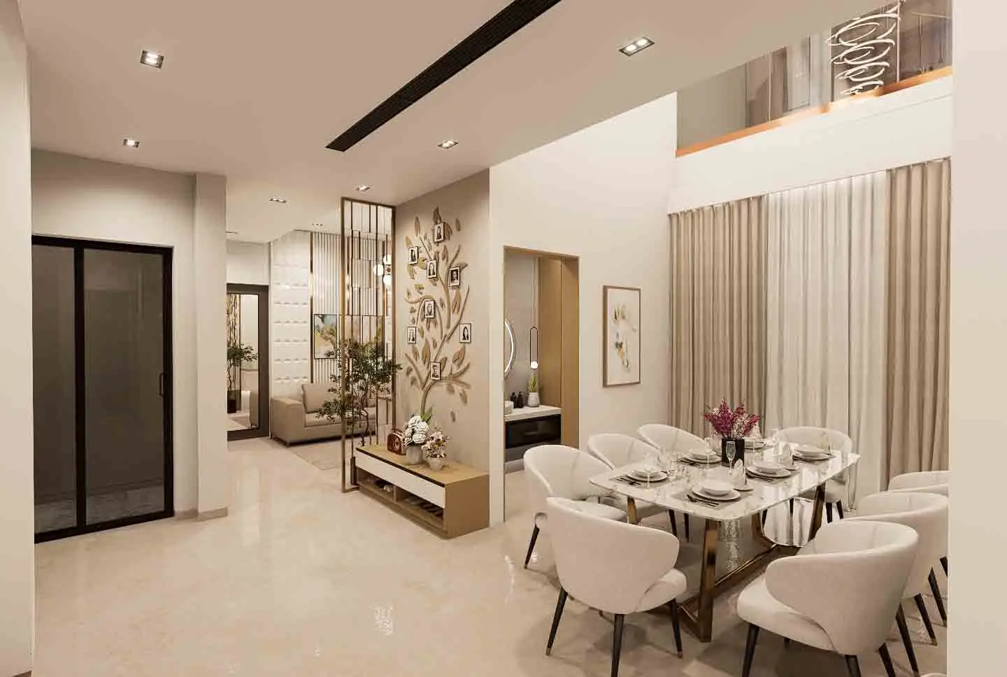 Modern 2 BHK home interior with elegant dining area, family photo wall and contemporary modular kitchen