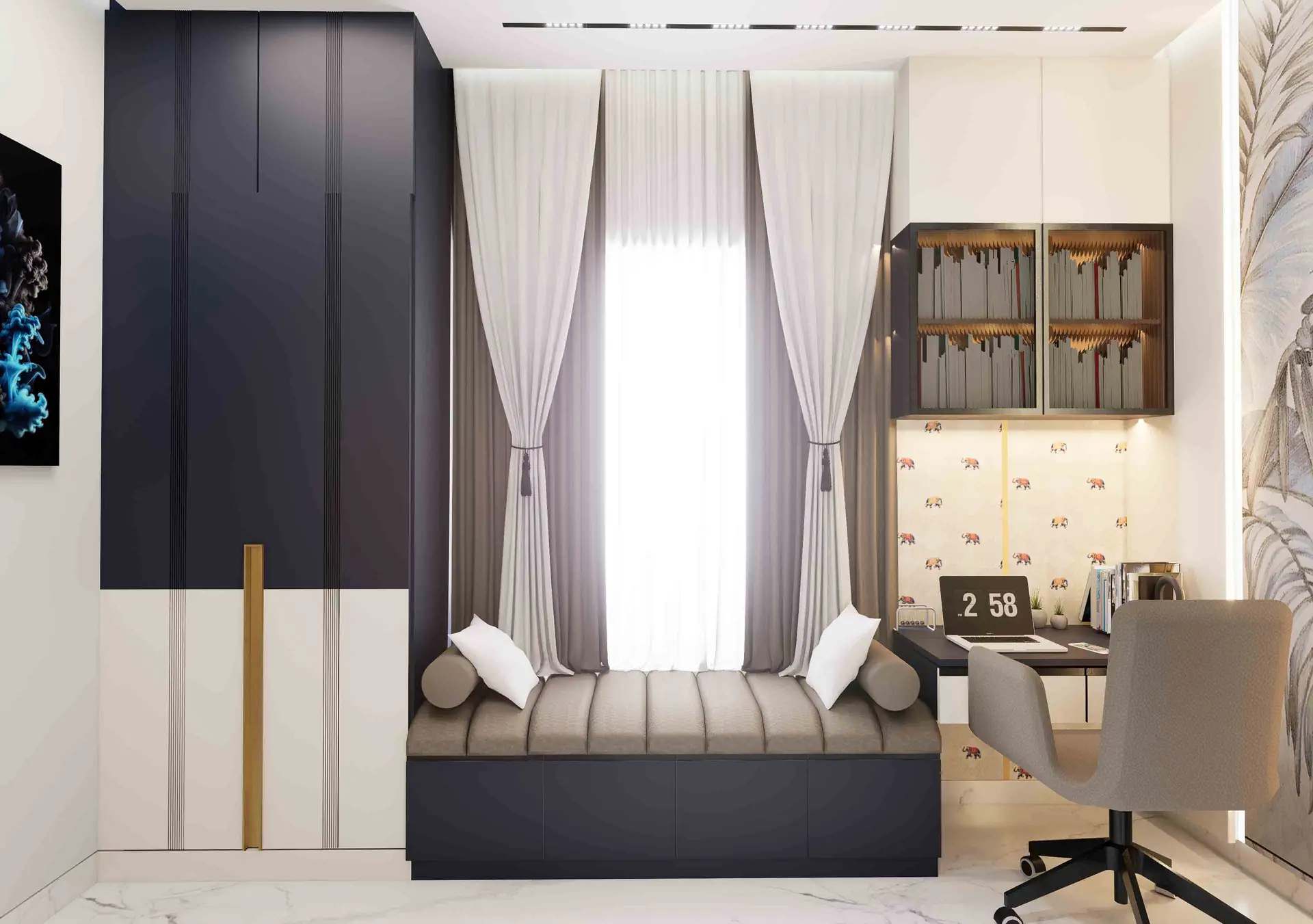 Modern kids bedroom wardrobe with fluted glass shutters, dual-tone finishes, integrated LED lighting, and a stylish dressing unit in Trichy.