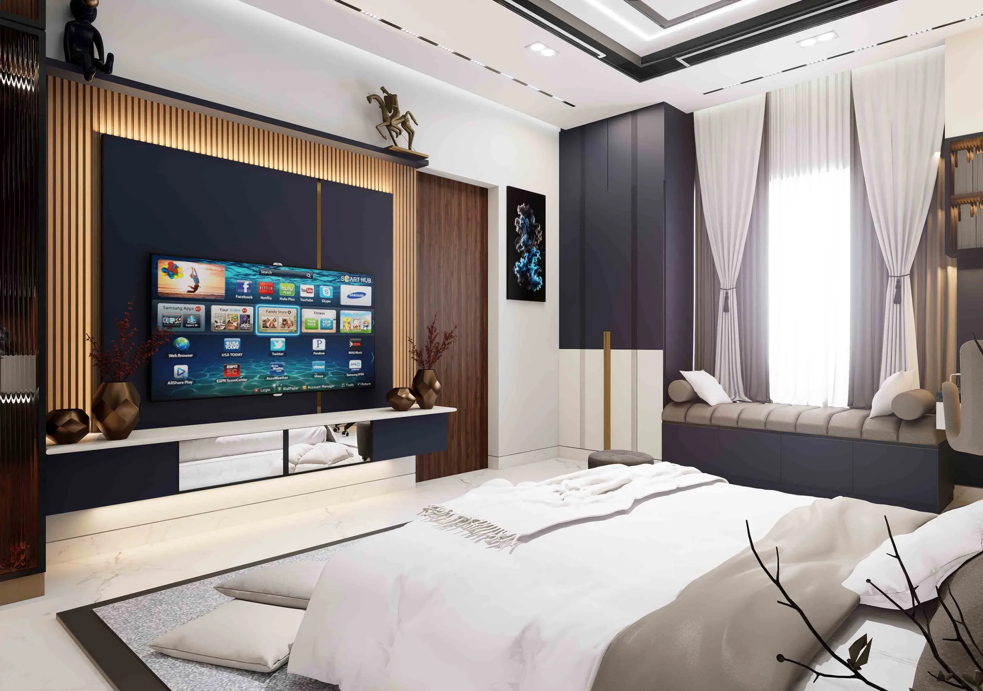 Modern kids bedroom with navy blue wardrobe, tropical wallpaper, and study area – Kids bedroom interior design in Trichy