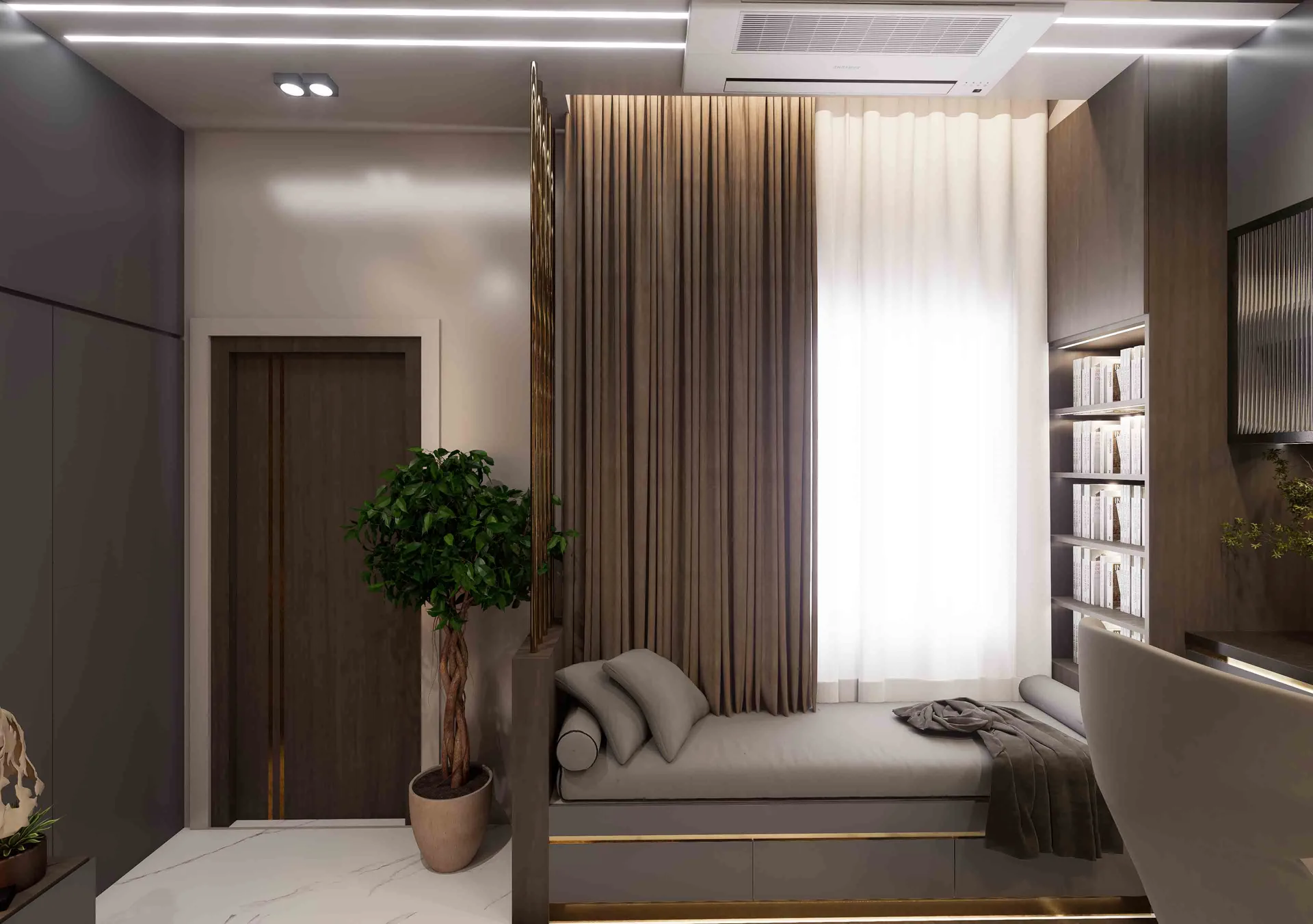 Luxury master bedroom with illuminated marble feature wall, glass wardrobe, and gold accents – Master bedroom interior design in Trichy