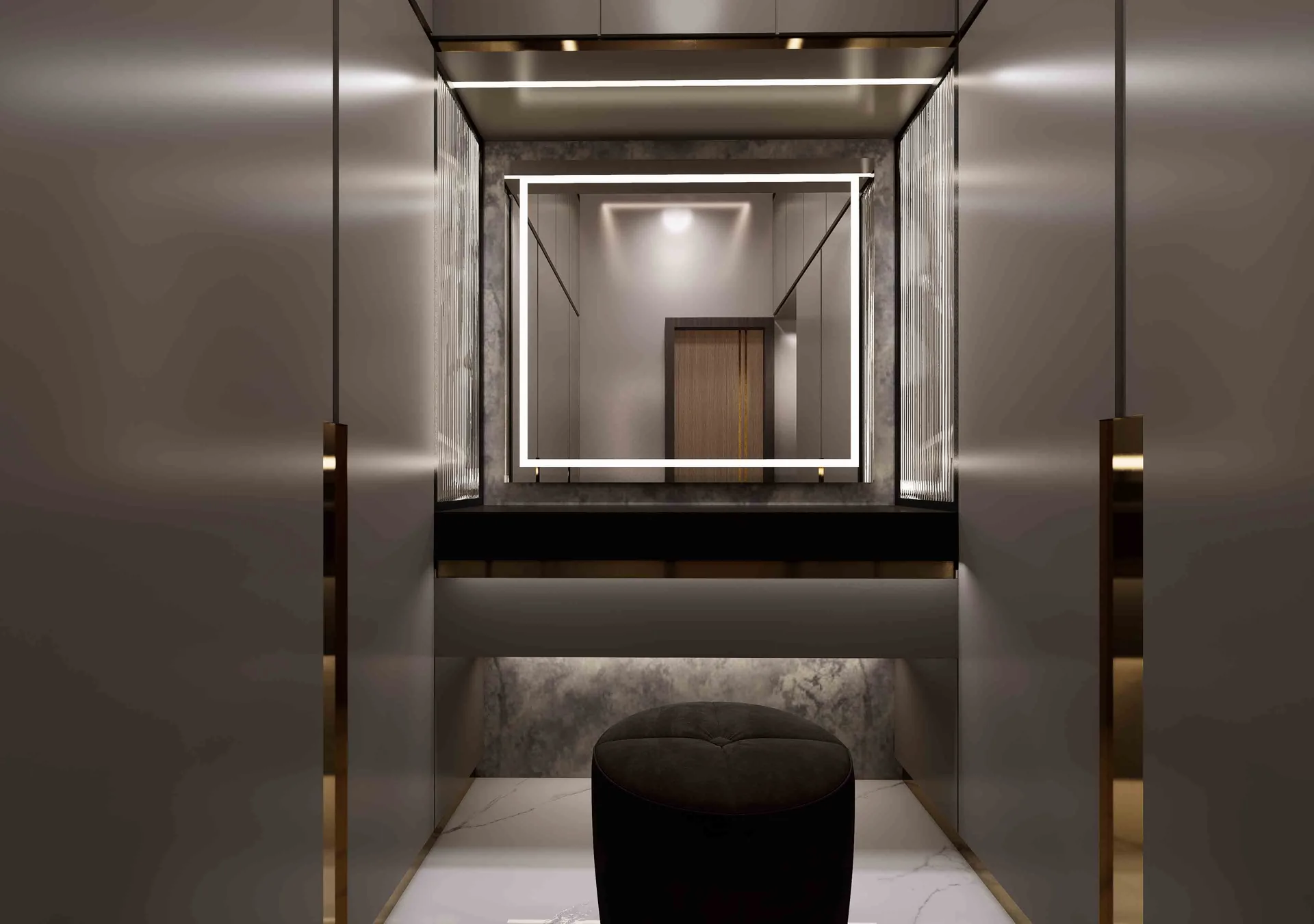 Modern dressing unit with backlit mirror, fluted glass panel, and gold accents – Master bedroom dressing area design in Trichy