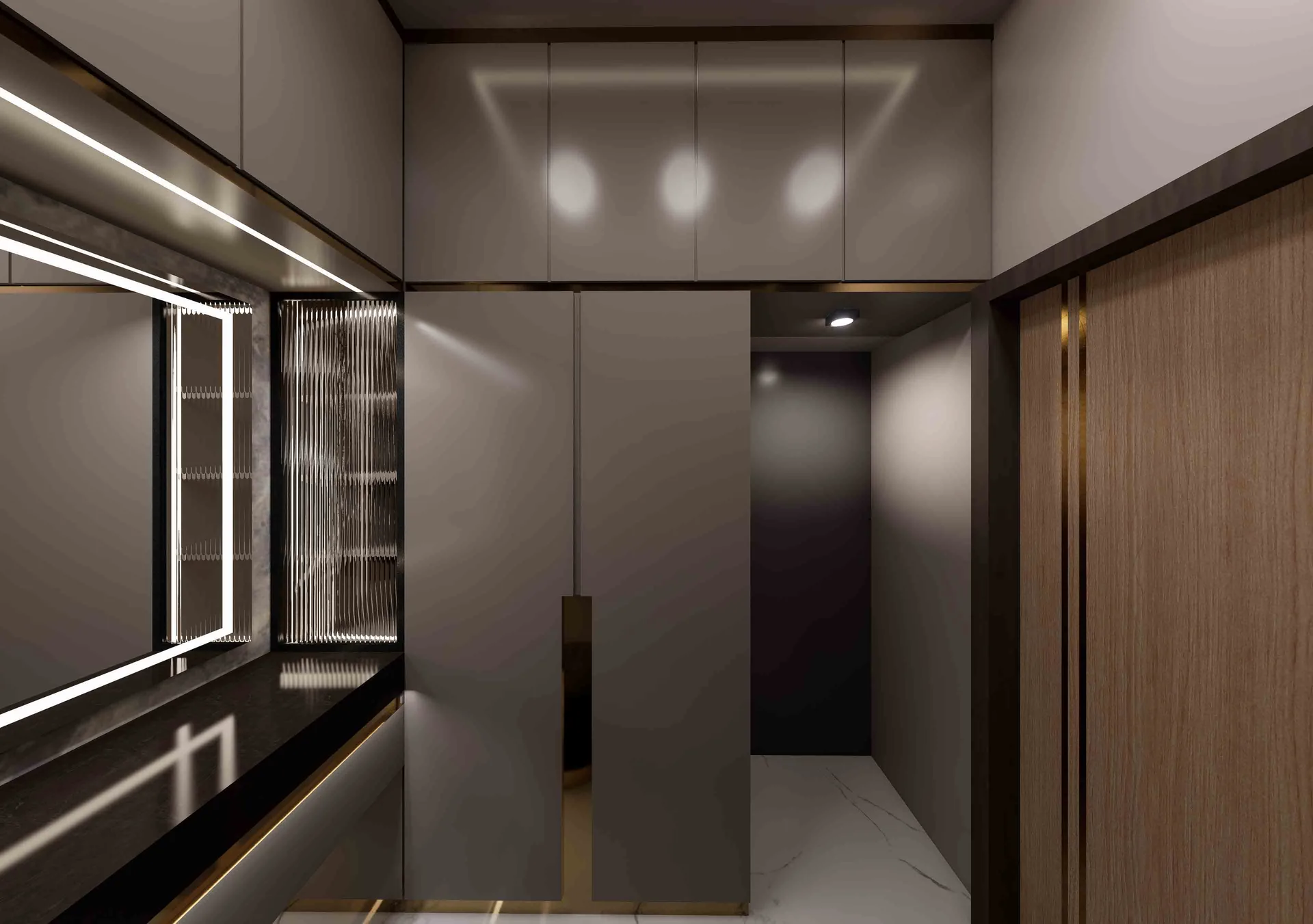Modern dressing unit with backlit mirror, fluted glass panel, and gold accents – Master bedroom dressing area design in Trichy