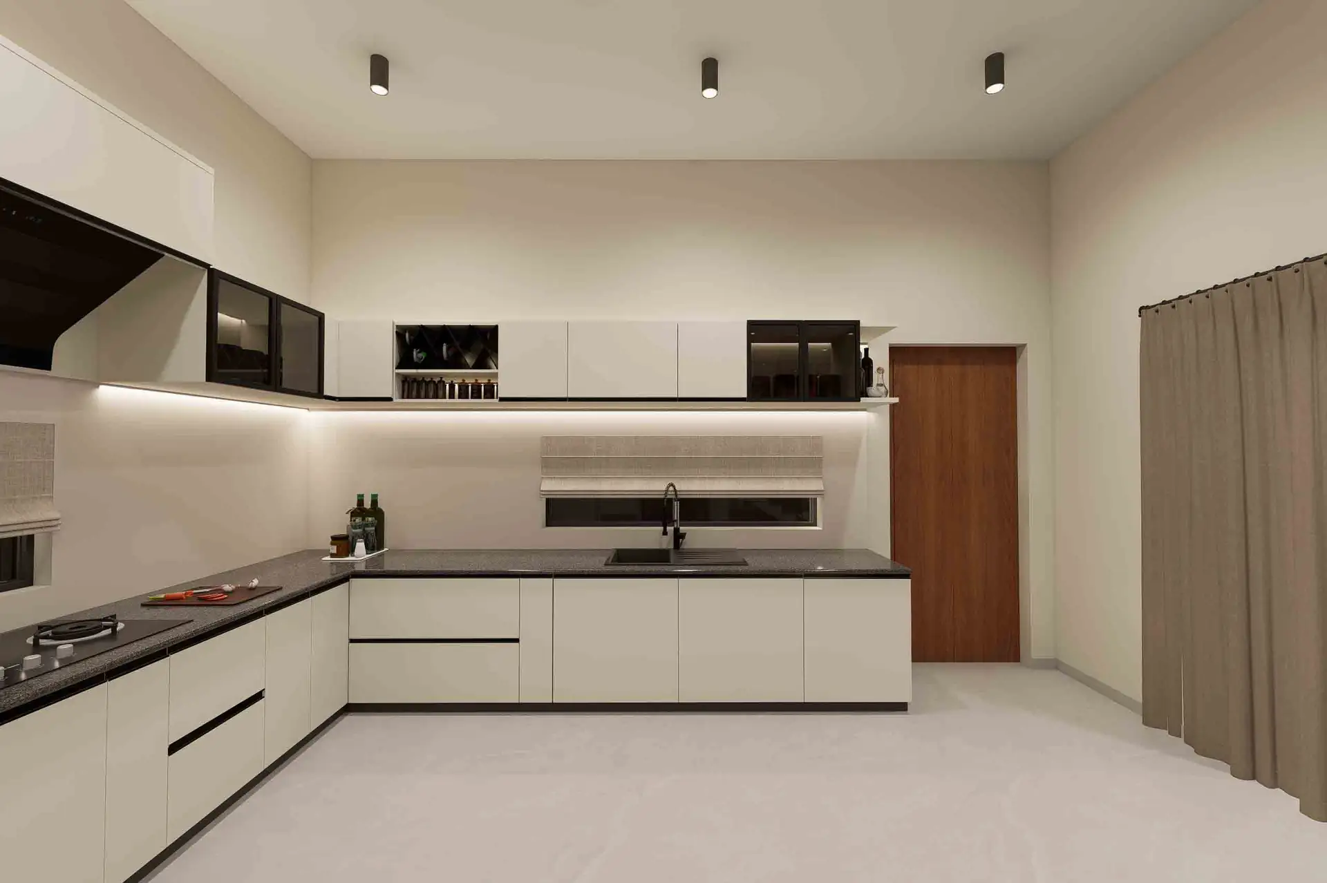 Modern minimalist modular kitchen with cream cabinets, granite countertop, and black chimney – Kitchen interior design in Trichy