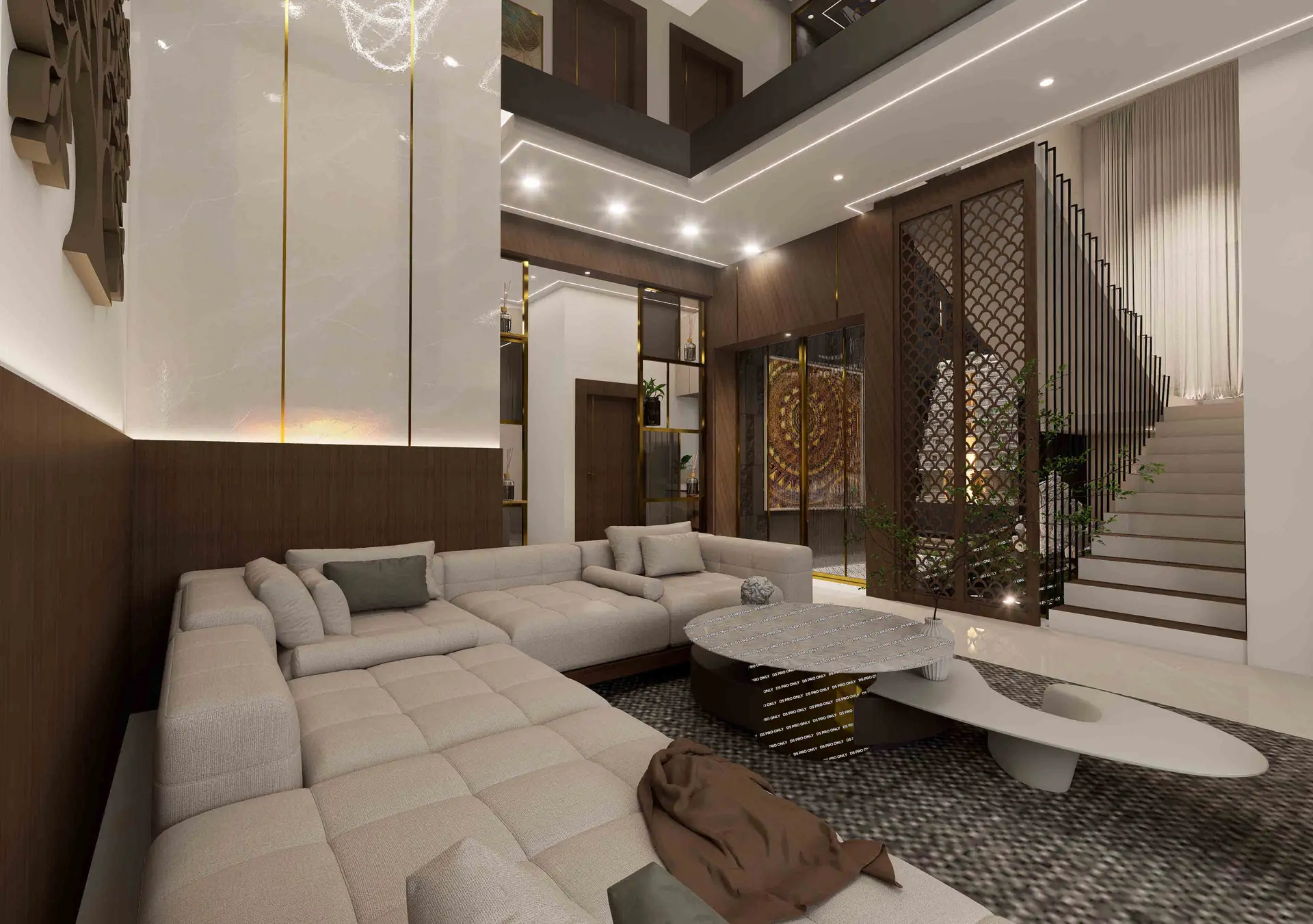 Luxury double-height living room with statement TV wall and modular sofa – 3 BHK living room interior design in Trichy