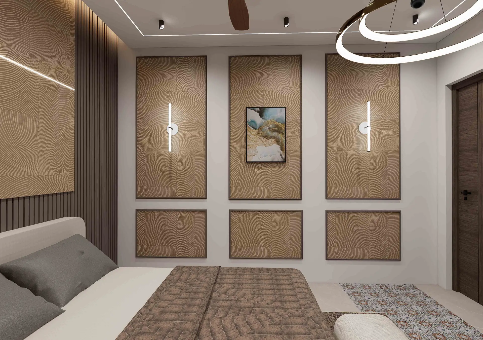 Modern luxury bedroom featuring textured wall panels, warm ambient lighting, and elegant wooden accents.