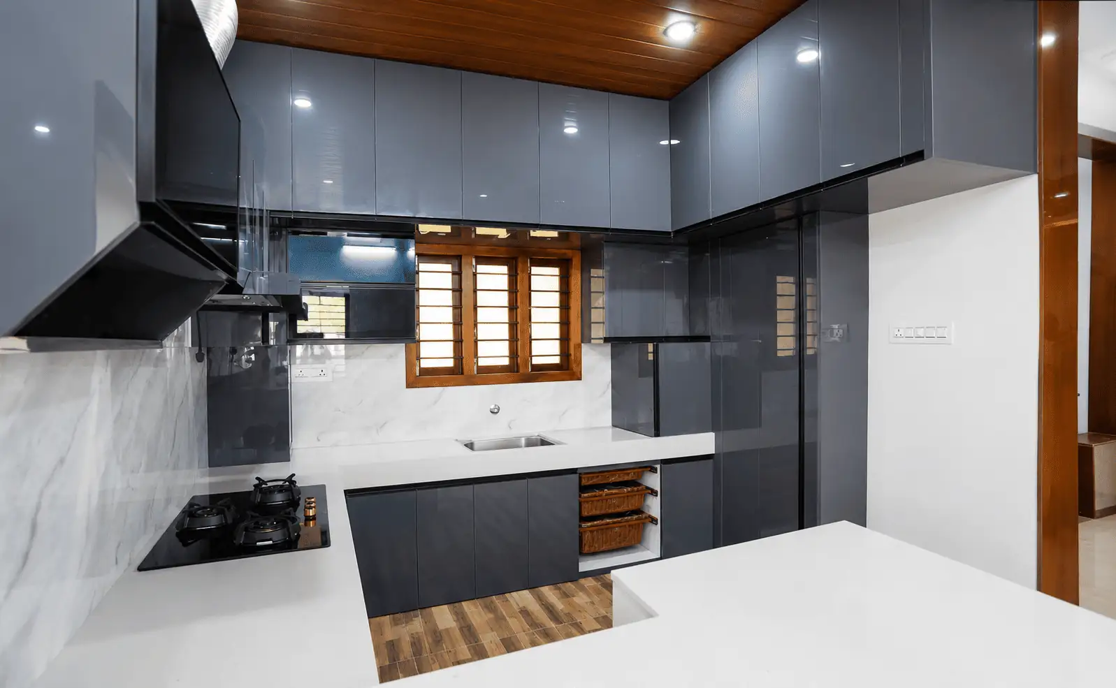 Modern Charcoal Grey Modular Kitchen with Breakfast Counter gallery image 1