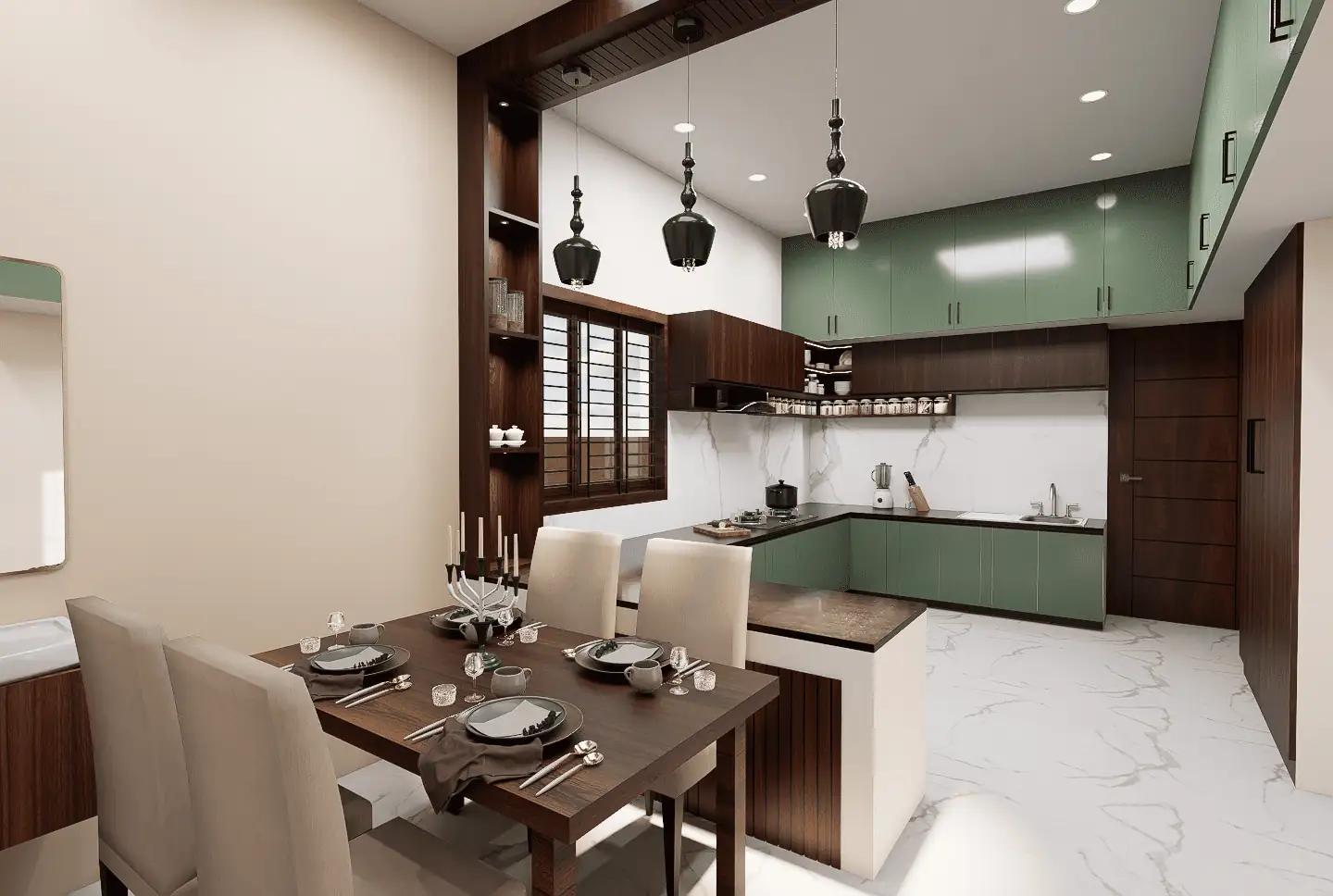 Modern L-Shaped Modular Kitchen Design in Trichy | Sage Green & Walnut Finish gallery image 1