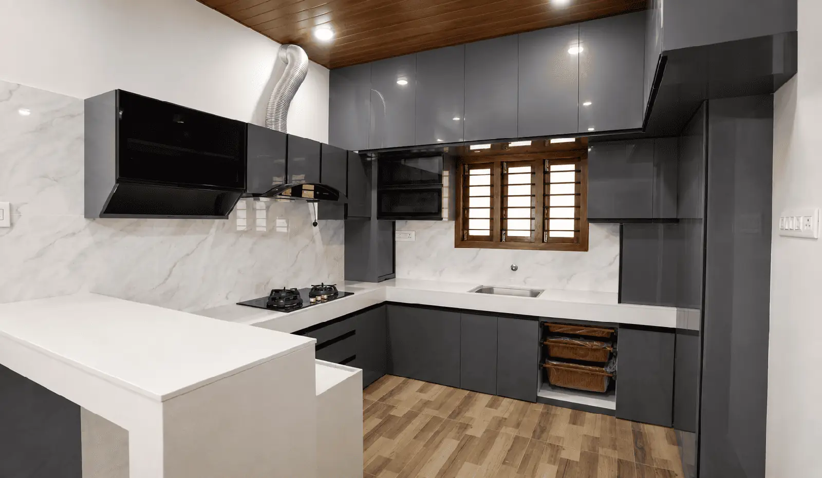 Modern Charcoal Grey Modular Kitchen with Breakfast Counter