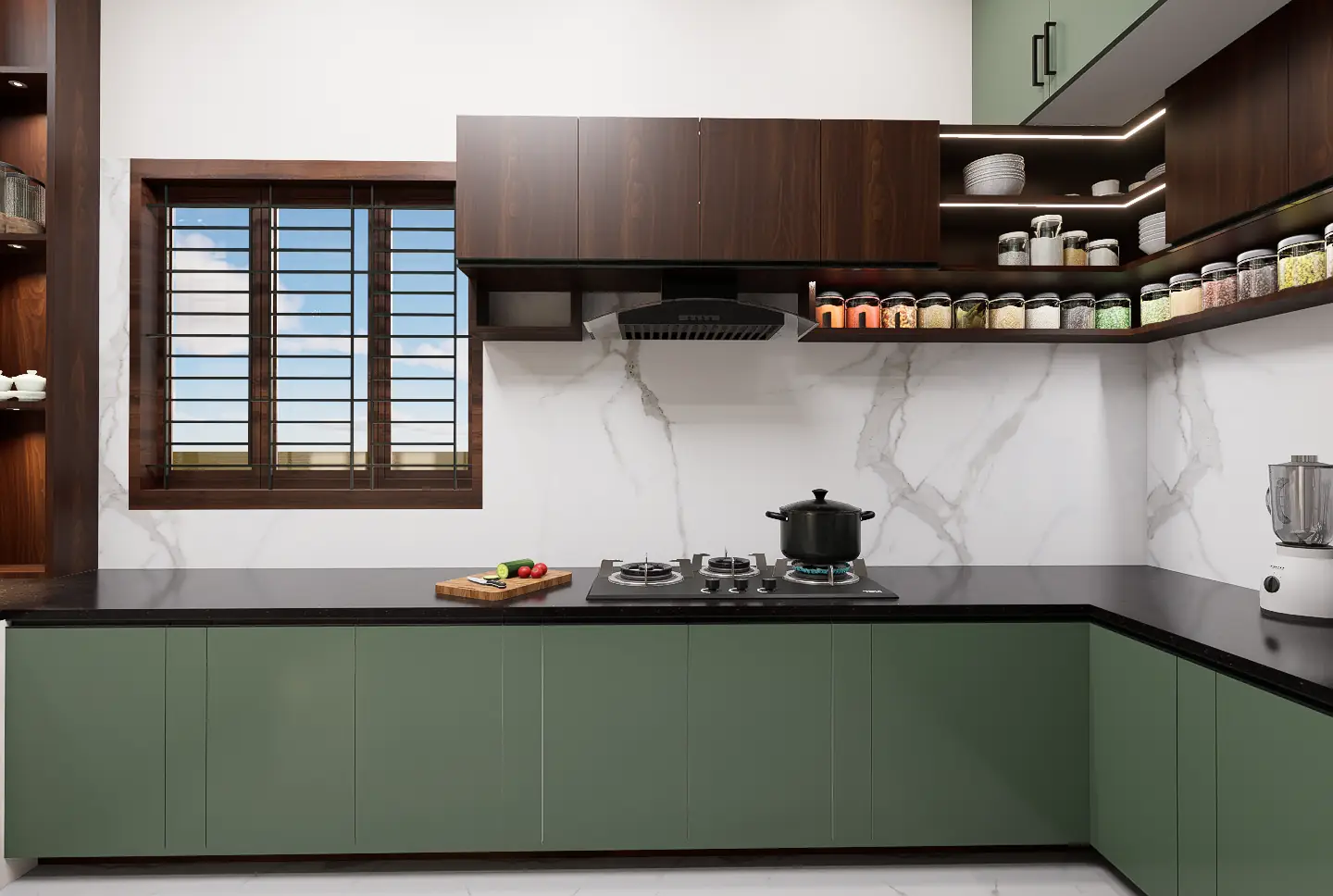 Modern L-Shaped Modular Kitchen Design in Trichy | Sage Green & Walnut Finish