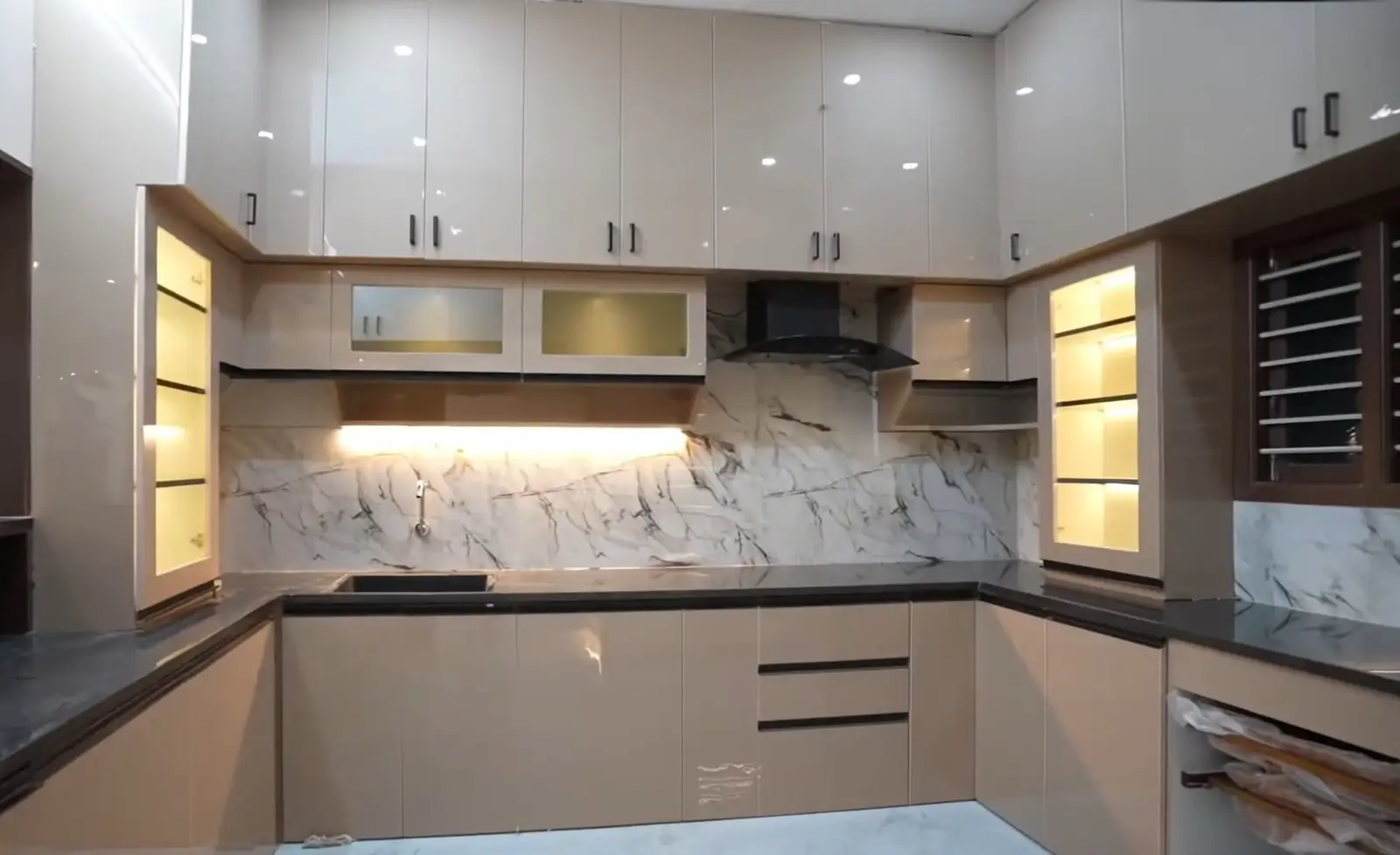 Premium U-Shaped Modular Kitchen Design in Trichy | High Gloss Acrylic Finish