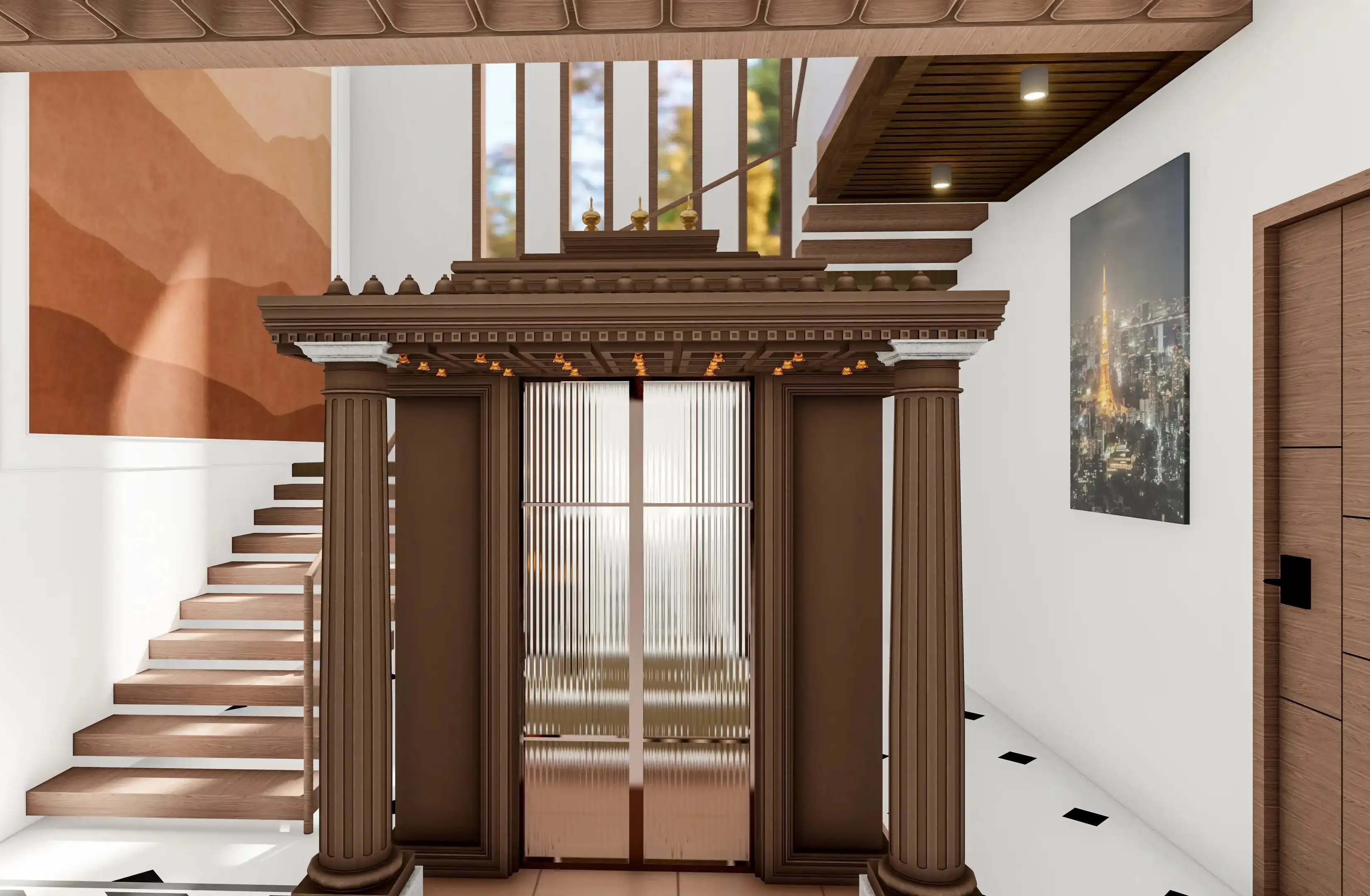 Elegant Wooden Pooja Room Interior Design in Trichy Customized Mandir Interior Design for Modern Homes Traditional Wooden Temple Interior Design Luxury Pooja Room Interior with Decorative Lighting Compact Pooja Unit Design for Apartments Modern Pooja Room